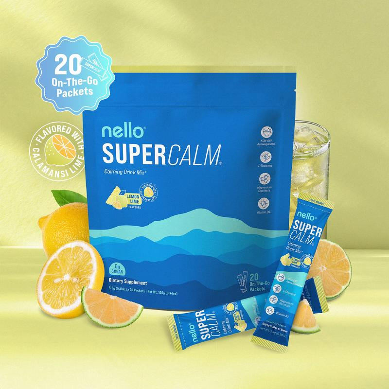 Nello Supercalm Calming Drink Mix with KSM-66 Ashwagandha, Vitamin D3, Magnesium, and L-Theanine – Supports Cortisol Balance, Mood Enhancement, and Sleep Quality – Convenient Travel Packets (20 Servings)
