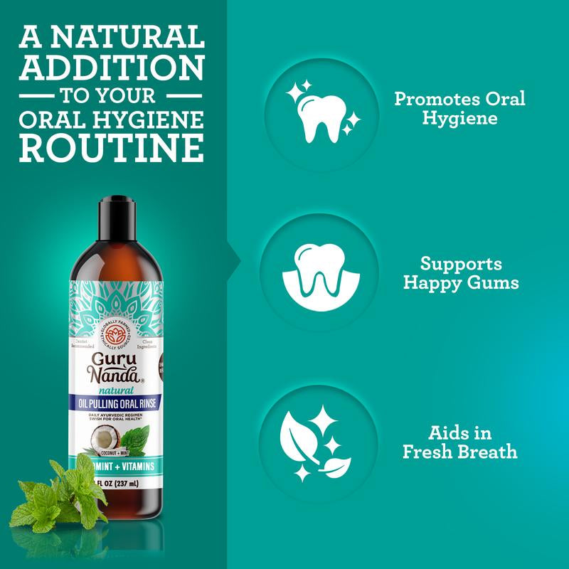 Gurunanda Cocomint Oil Pulling Solution with 7 Essential Oils and Vitamins D, E, and K2 - 8 Oz