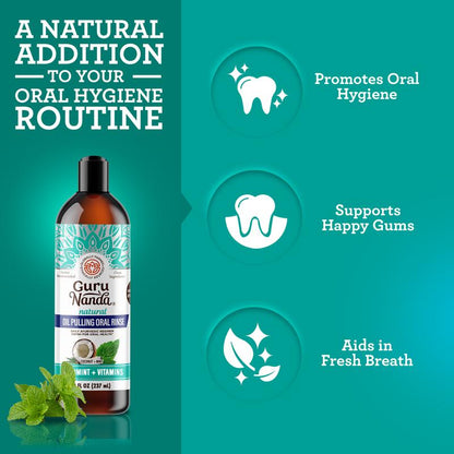 Gurunanda Cocomint Oil Pulling Solution with 7 Essential Oils and Vitamins D, E, and K2 - 8 Oz