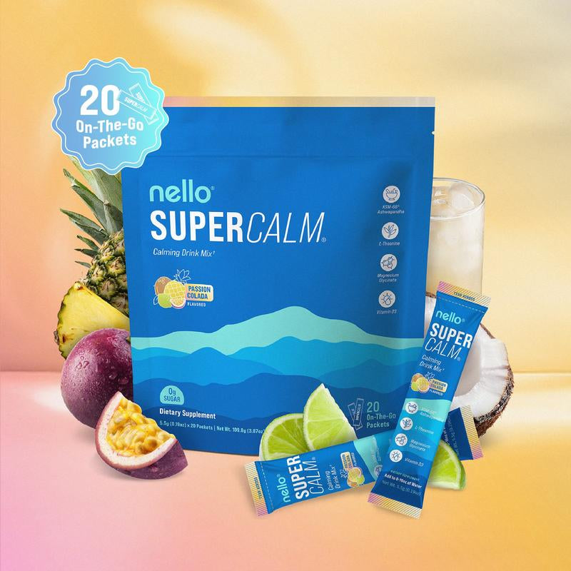 Nello Supercalm Calming Drink Mix with KSM-66 Ashwagandha, Vitamin D3, Magnesium, and L-Theanine – Supports Cortisol Balance, Mood Enhancement, and Sleep Quality – Convenient Travel Packets (20 Servings)