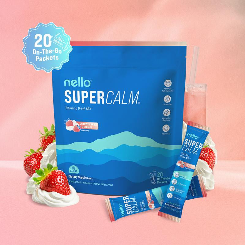 Nello Supercalm – Calming Drink Mix with KSM-66 Ashwagandha, Vitamin D3, Magnesium & L-Theanine – Supports Cortisol Balance, Mood & Sleep, Helps Manage Occasional Stress – Travel Packets (20 Servings)
