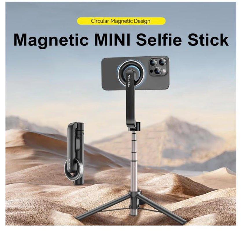 TELESIN Magnetic Selfie Stick Tripod with Bluetooth Remote Control, 27" Extendable Phone Stand Tripod for Magsafe for Iphone 15 14 13 12 Pro Max Series, All Android Phones with Magnetic Functionality