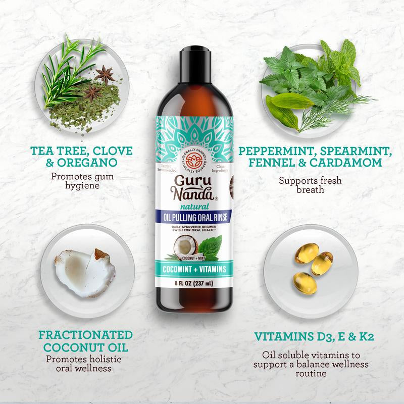 Gurunanda Cocomint Oil Pulling Solution with 7 Essential Oils and Vitamins D, E, and K2 - 8 Oz