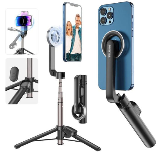 TELESIN Magnetic Selfie Stick Tripod with Bluetooth Remote Control, 27" Extendable Phone Stand Tripod for Magsafe for Iphone 15 14 13 12 Pro Max Series, All Android Phones with Magnetic Functionality