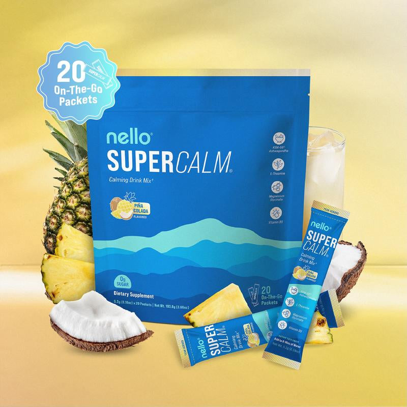 Nello Supercalm Calming Drink Mix with KSM-66 Ashwagandha, Vitamin D3, Magnesium, and L-Theanine – Supports Cortisol Balance, Mood Enhancement, and Sleep Quality – Convenient Travel Packets (20 Servings)