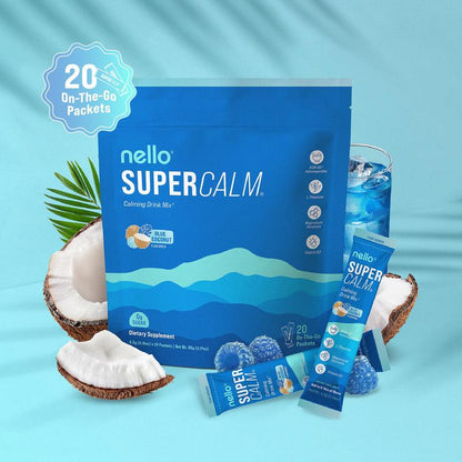 Nello Supercalm Calming Drink Mix with KSM-66 Ashwagandha, Vitamin D3, Magnesium, and L-Theanine – Supports Cortisol Balance, Mood Enhancement, and Sleep Quality – Convenient Travel Packets (20 Servings)