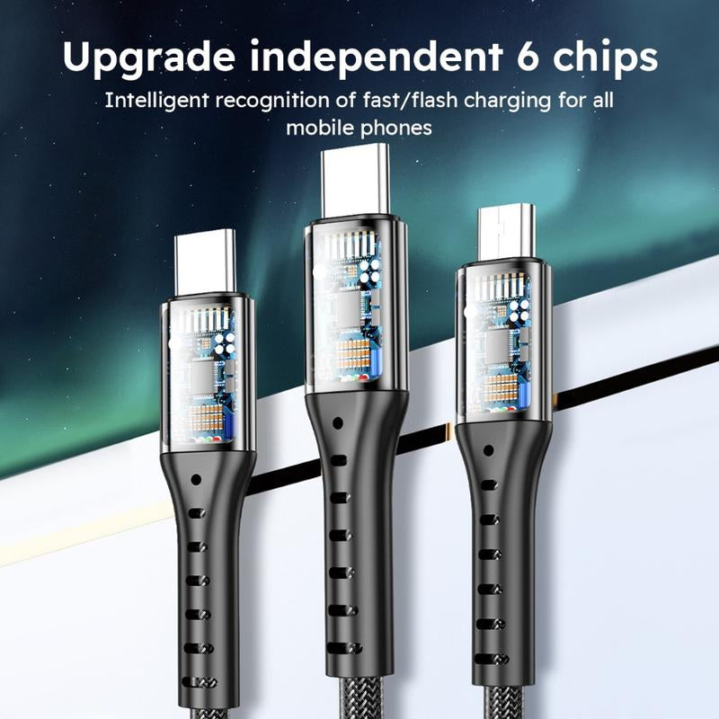 Jogrytece 2Pcs 1.2M/4Ft 66W Super Fast Charging USB Cable Mfi Certified 3 in 1 USB Charging Cable with Type-C, Micro USB, IP Port for Most Phones/Iphones/Tablets C Android Device Smartphone Cellphone Electronic Charger