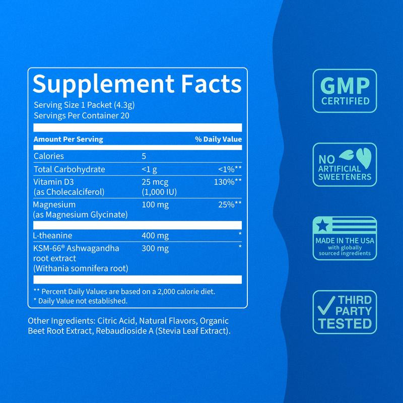 Nello Supercalm Calming Drink Mix with KSM-66 Ashwagandha, Vitamin D3, Magnesium, and L-Theanine – Supports Cortisol Balance, Mood Enhancement, and Sleep Quality – Convenient Travel Packets (20 Servings)