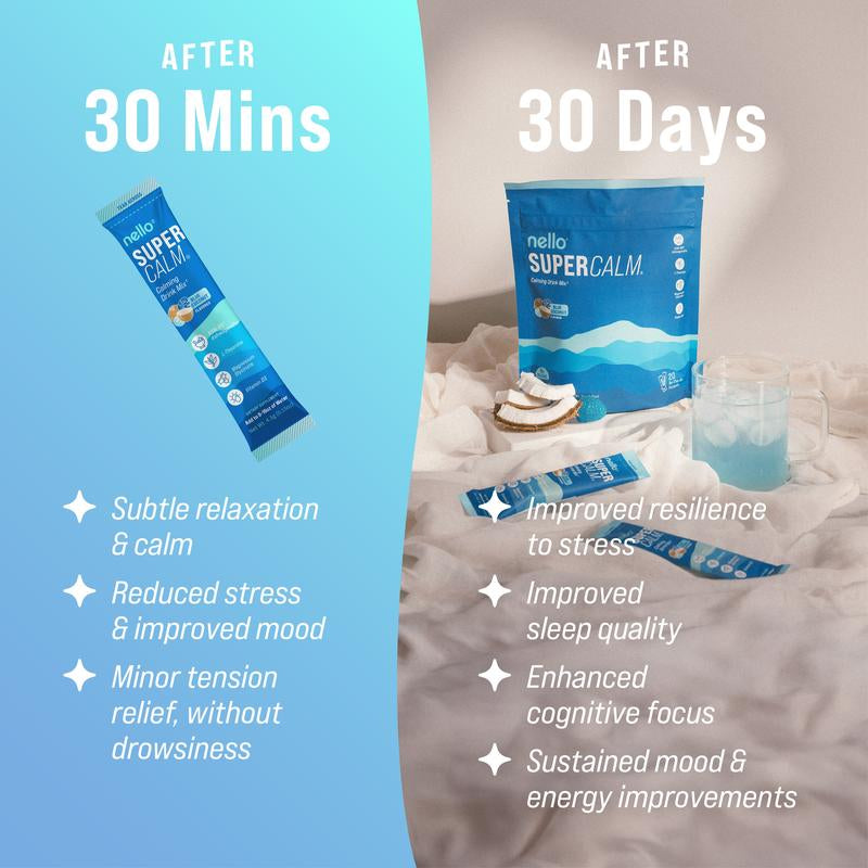Nello Supercalm Calming Drink Mix with KSM-66 Ashwagandha, Vitamin D3, Magnesium, and L-Theanine – Supports Cortisol Balance, Mood Enhancement, and Sleep Quality – Convenient Travel Packets (20 Servings)