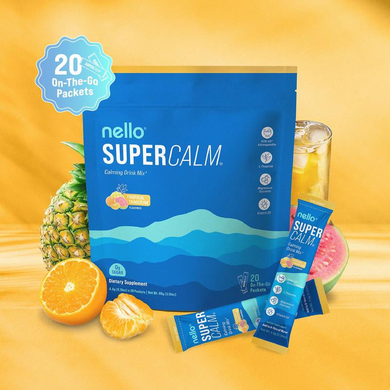 Nello Supercalm Calming Drink Mix with KSM-66 Ashwagandha, Vitamin D3, Magnesium, and L-Theanine – Supports Cortisol Balance, Mood Enhancement, and Sleep Quality – Convenient Travel Packets (20 Servings)