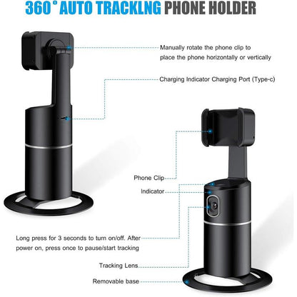 Automatic Face Tracking Phone Holder Tripod, No App Required, 360 ° Rotation Smart Face Body Tracking Tripod Selfie Phone Camera Install Phone Holder, Suitable for Tiktok, Vlog, Live Streaming, Youtube Videos
