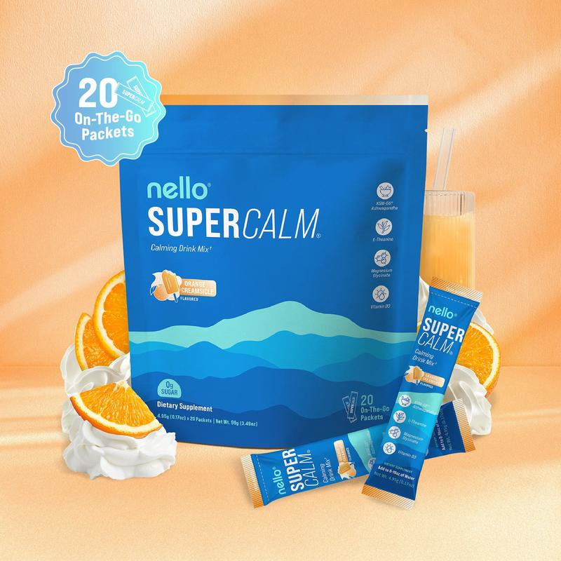 Nello Supercalm Calming Drink Mix with KSM-66 Ashwagandha, Vitamin D3, Magnesium, and L-Theanine – Supports Cortisol Balance, Mood Enhancement, and Sleep Quality – Convenient Travel Packets (20 Servings)