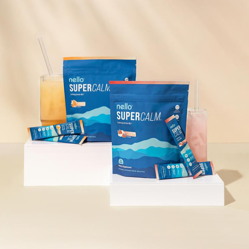 Nello Supercalm Calming Drink Mix with KSM-66 Ashwagandha, Vitamin D3, Magnesium, and L-Theanine – Supports Cortisol Balance, Mood Enhancement, and Sleep Quality – Convenient Travel Packets (20 Servings)