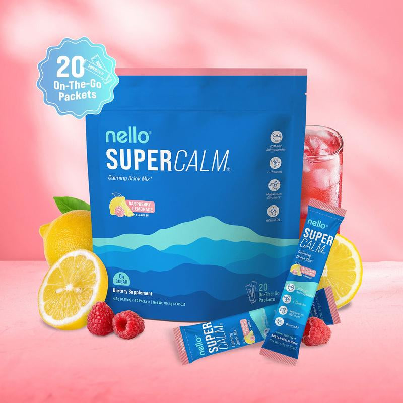 Nello Supercalm Calming Drink Mix with KSM-66 Ashwagandha, Vitamin D3, Magnesium, and L-Theanine – Supports Cortisol Balance, Mood Enhancement, and Sleep Quality – Convenient Travel Packets (20 Servings)