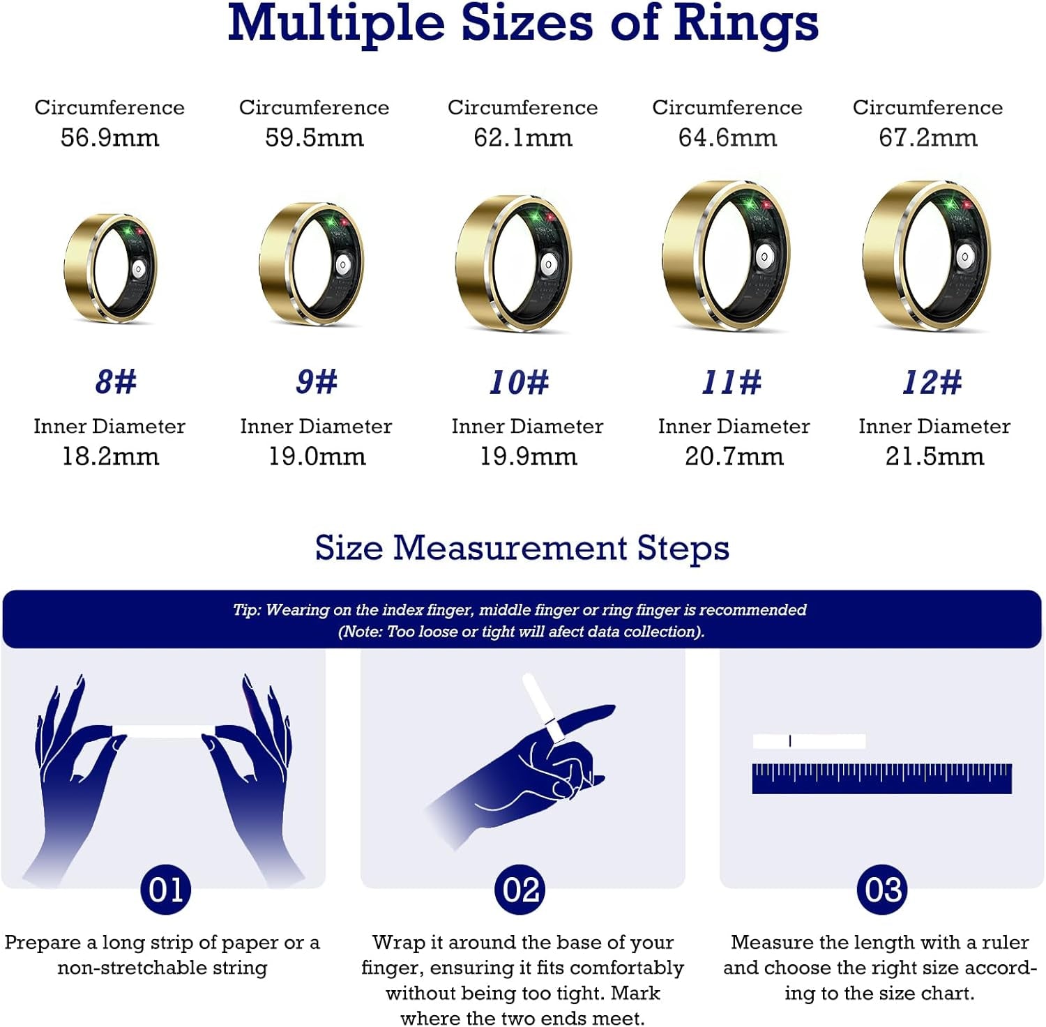 Smart Ring Health Tracker, Sleep Tracker Ring with Heart Rate, Waterproof Fitness Ring for Activity Monitoring/Steps/Distance/Calories,Air Gestures,Up to 7-Day Battery,For Ios Android (Light Gold,#12)